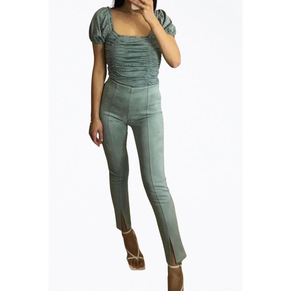 NEW GOLDIE LONDON high-rise vegan suede split-hem pants in mint green